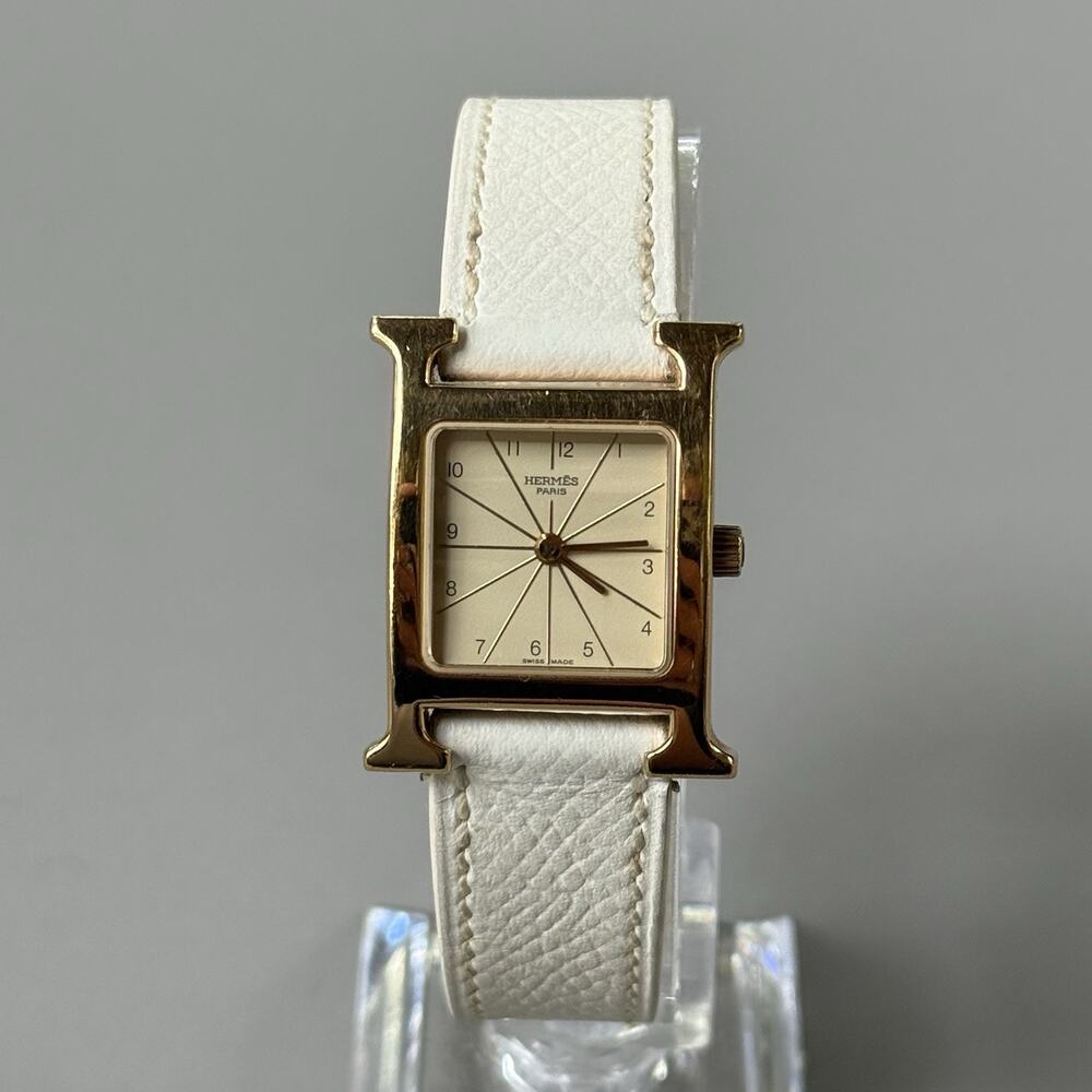 Hermes Heure H Watch 25mm Small Model Gold Epsom White Leather Working